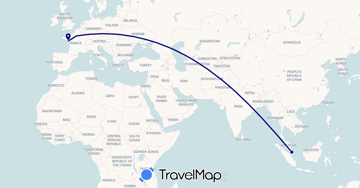 TravelMap itinerary: driving in France, Singapore (Asia, Europe)
